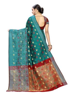 Turquoise woven chanderi saree with blouse 3