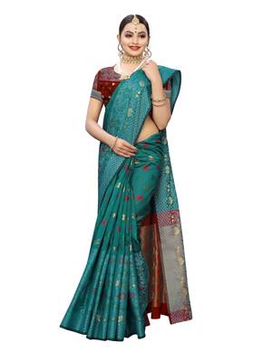 Turquoise woven chanderi saree with blouse 4