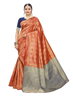 Red woven poly silk saree with blouse 1