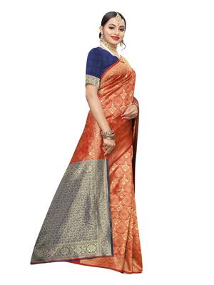 Red woven poly silk saree with blouse 3