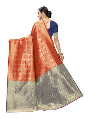 Red woven poly silk saree with blouse 4