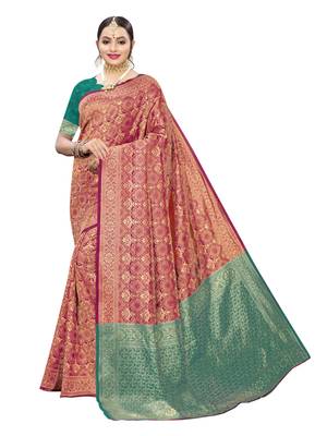 Rani pink woven poly silk saree with blouse 1