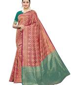 Rani pink woven poly silk saree with blouse