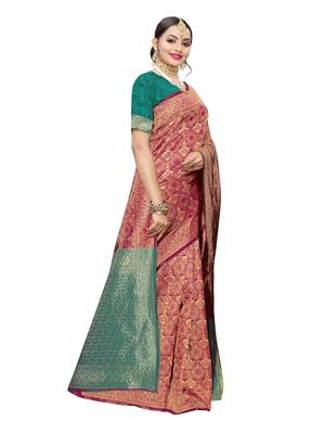Rani pink woven poly silk saree with blouse 3