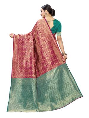 Rani pink woven poly silk saree with blouse 4