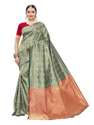 Green Woven Poly Silk Saree With Blouse 1