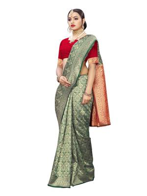 Green Woven Poly Silk Saree With Blouse 4