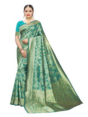 Turquoise woven poly silk saree with blouse 1