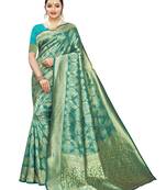 Turquoise woven poly silk saree with blouse
