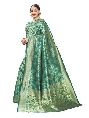 Turquoise woven poly silk saree with blouse 2