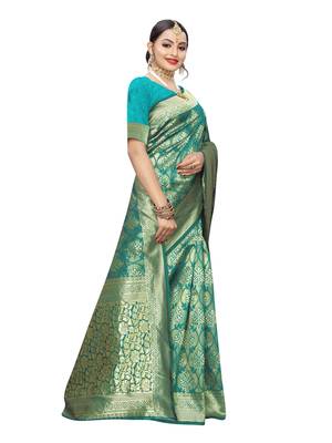 Turquoise woven poly silk saree with blouse 3