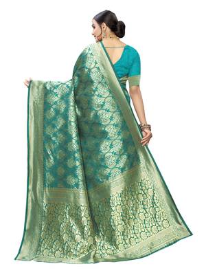 Turquoise woven poly silk saree with blouse 4