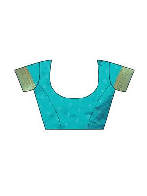 Turquoise woven poly silk saree with blouse 5