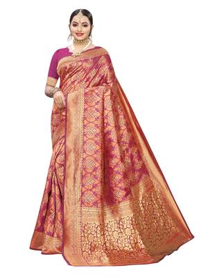Pink woven poly silk saree with blouse 1