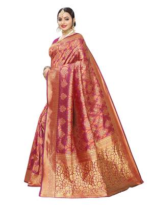 Pink woven poly silk saree with blouse 2