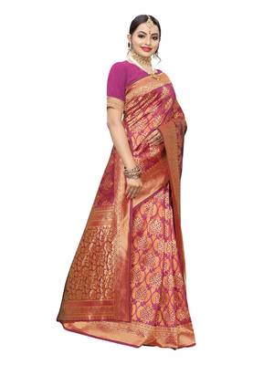 Pink woven poly silk saree with blouse 3
