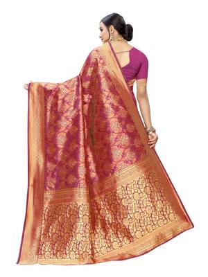 Pink woven poly silk saree with blouse 4