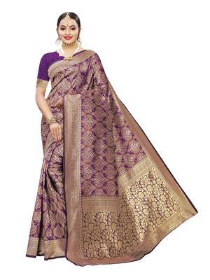 Purple woven poly silk saree with blouse 1