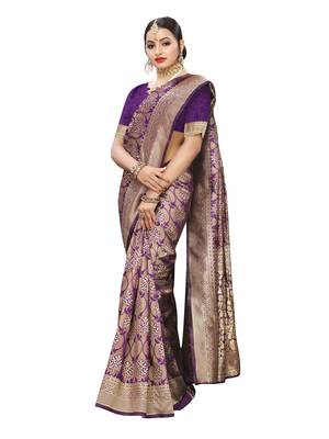 Purple woven poly silk saree with blouse 4
