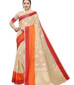 Beige woven cotton poly saree with blouse