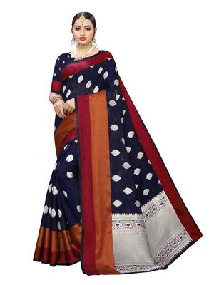 Navy blue woven cotton poly saree with blouse 1