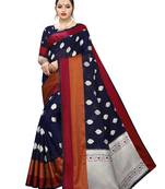 Navy blue woven cotton poly saree with blouse