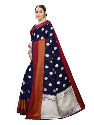 Navy blue woven cotton poly saree with blouse 2