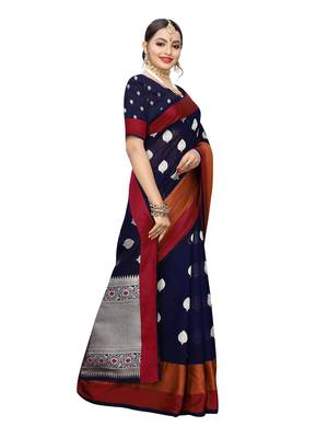 Navy blue woven cotton poly saree with blouse 3