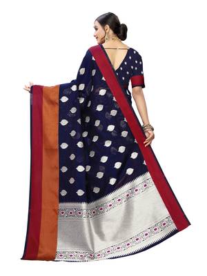 Navy blue woven cotton poly saree with blouse 4