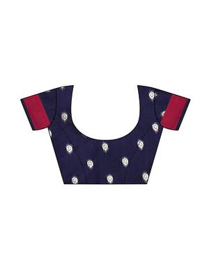 Navy blue woven cotton poly saree with blouse 5