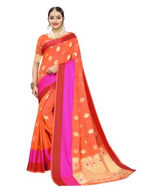 Orange woven cotton poly saree with blouse 1