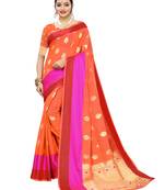 Orange woven cotton poly saree with blouse