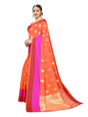 Orange woven cotton poly saree with blouse 2
