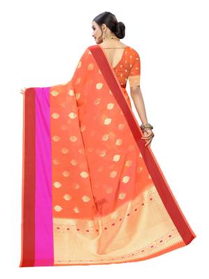 Orange woven cotton poly saree with blouse 3