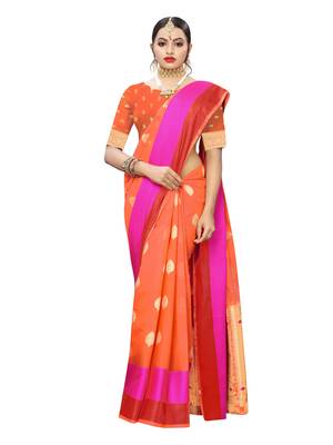 Orange woven cotton poly saree with blouse 4