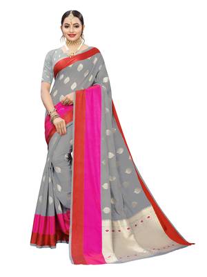 Grey Woven Cotton Poly Saree With Blouse 1