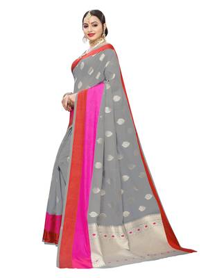 Grey Woven Cotton Poly Saree With Blouse 2