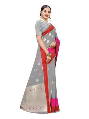 Grey Woven Cotton Poly Saree With Blouse 3