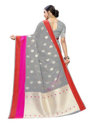 Grey Woven Cotton Poly Saree With Blouse 4