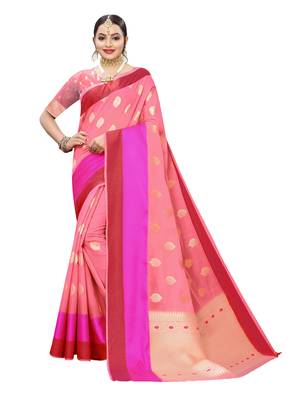 Pink woven cotton poly saree with blouse 1