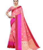 Pink woven cotton poly saree with blouse