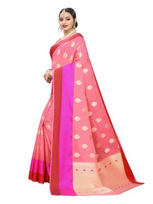 Pink woven cotton poly saree with blouse 2