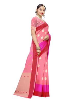 Pink woven cotton poly saree with blouse 3