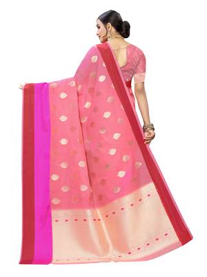 Pink woven cotton poly saree with blouse 4