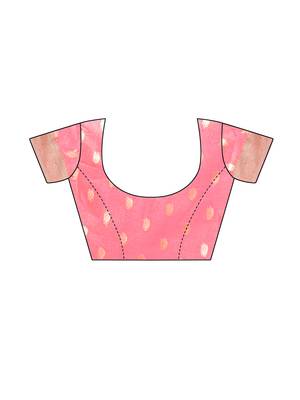 Pink woven cotton poly saree with blouse 5