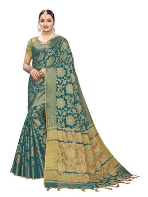 Turquoise Woven Cotton Silk Saree With Blouse 1