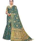 Turquoise Woven Cotton Silk Saree With Blouse