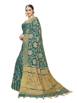Turquoise Woven Cotton Silk Saree With Blouse 2