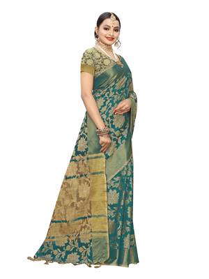 Turquoise Woven Cotton Silk Saree With Blouse 3
