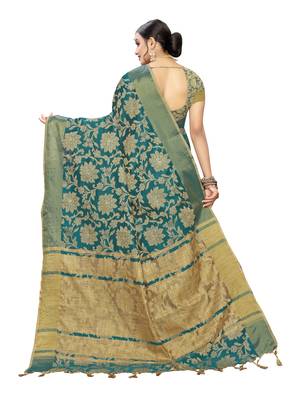 Turquoise Woven Cotton Silk Saree With Blouse 4